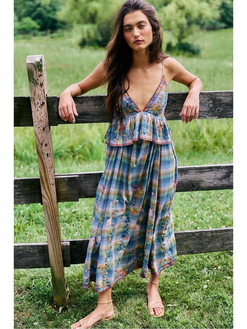Free People Bohemian 70s Embroidered Plaid Songs Of Summer Maxi Dress Large NWT - Picture 4 of 16